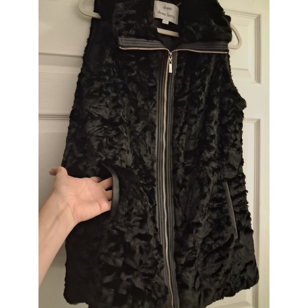 Dennis Basso Faux Fur Jacket Vest Zip-Off Leather Sleeves Black Statement Glam - Picture 11 of 16